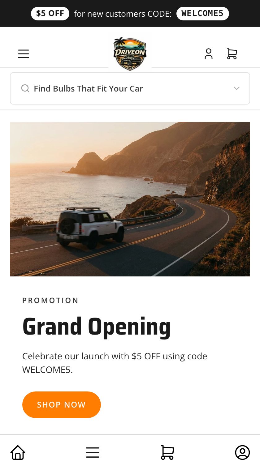 DriveOn — the top of the site as it appears on a phone