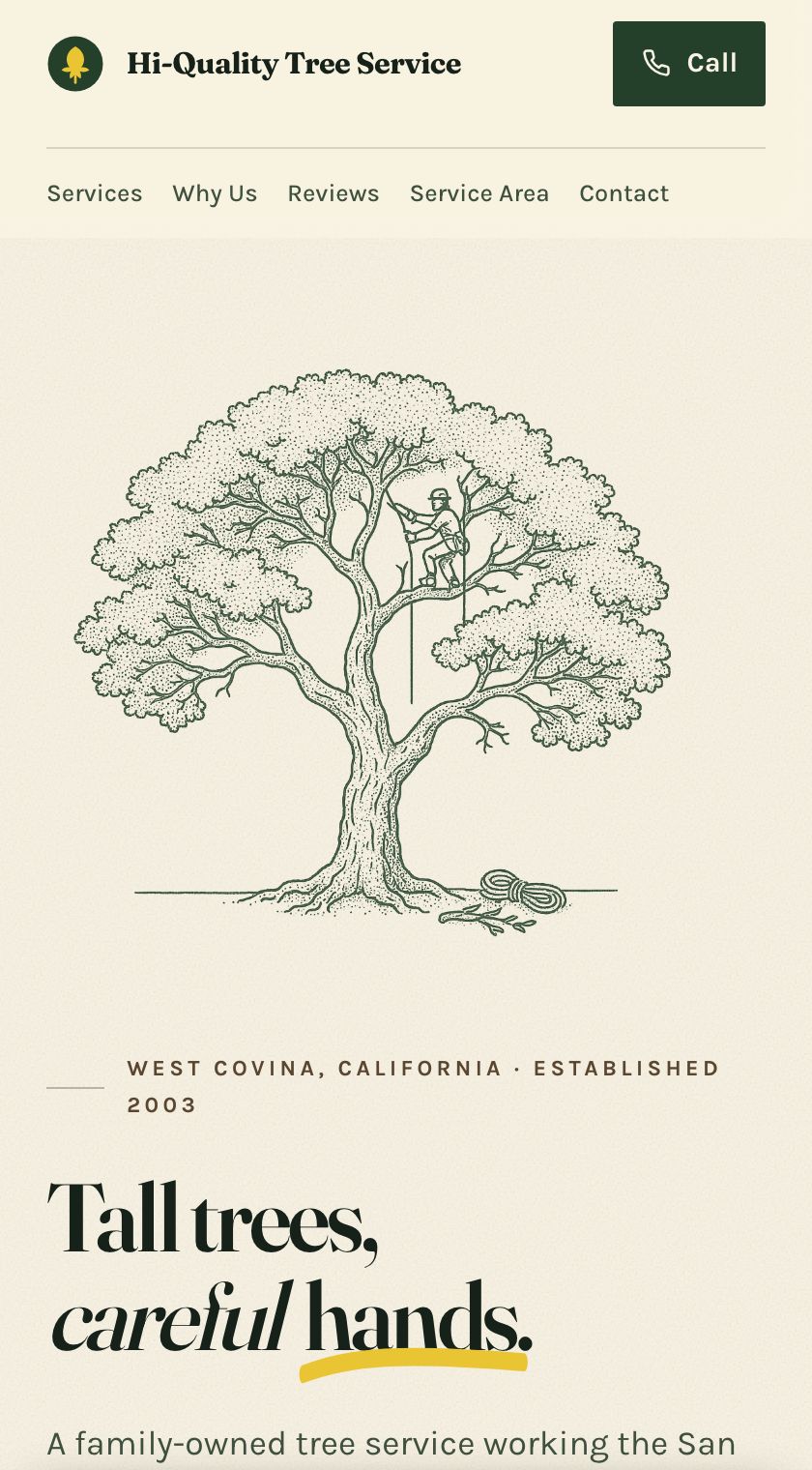 Hi-Quality Tree Service — the top of the site as it appears on a phone